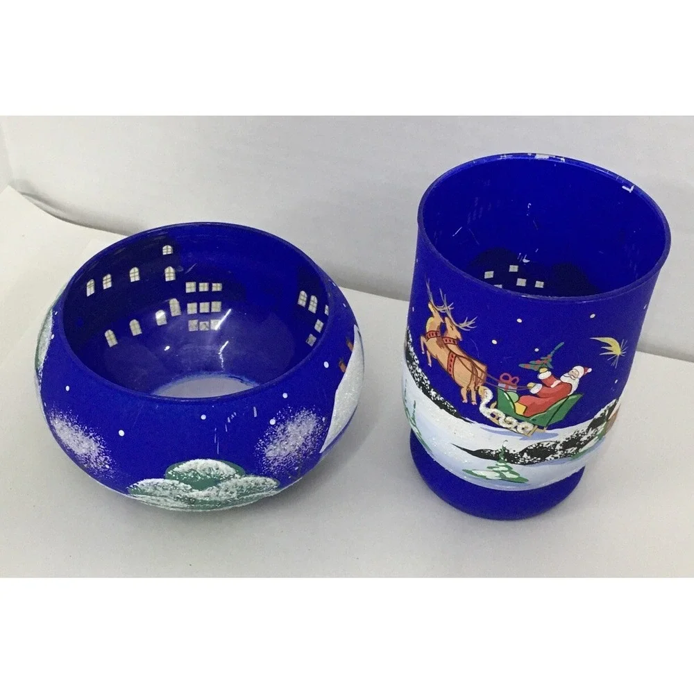 Votive Hand Painted Christmas Scenes Candle Holders Frosted‎ Cobalt Blue